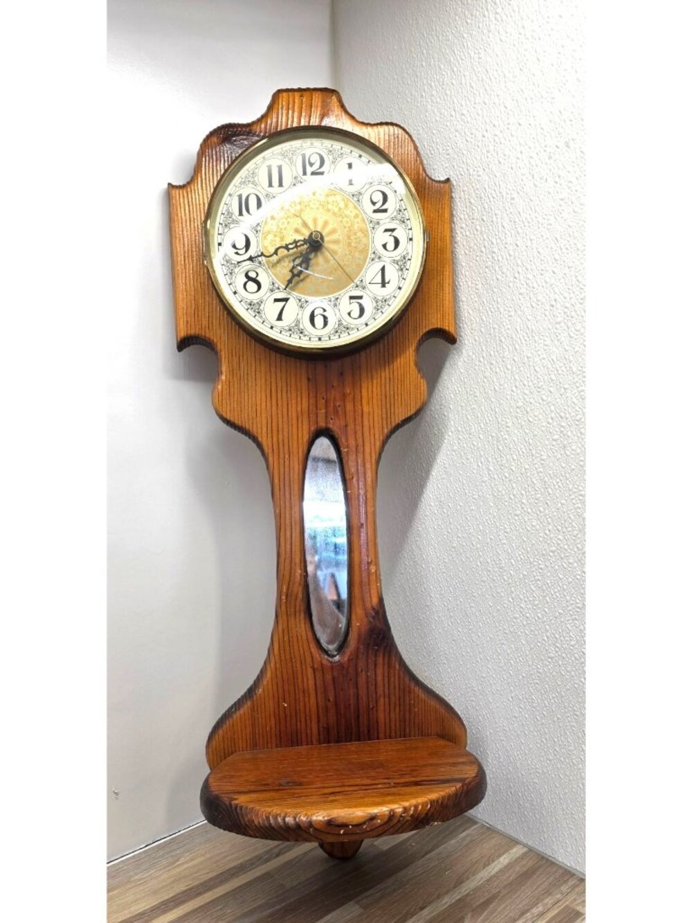 Vintage Wall Clock on Wooden Plaque w Mirror & Shelf Germany Country Cottagecore